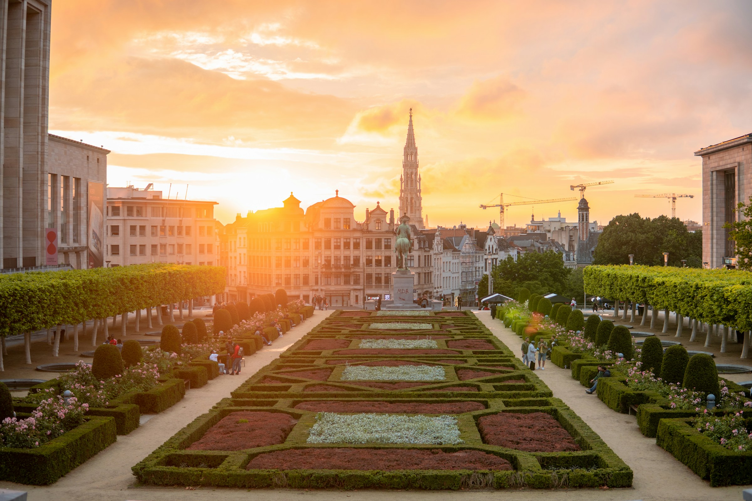 Brussels seen from the Mont des Arts at sunset, with the town hall spire